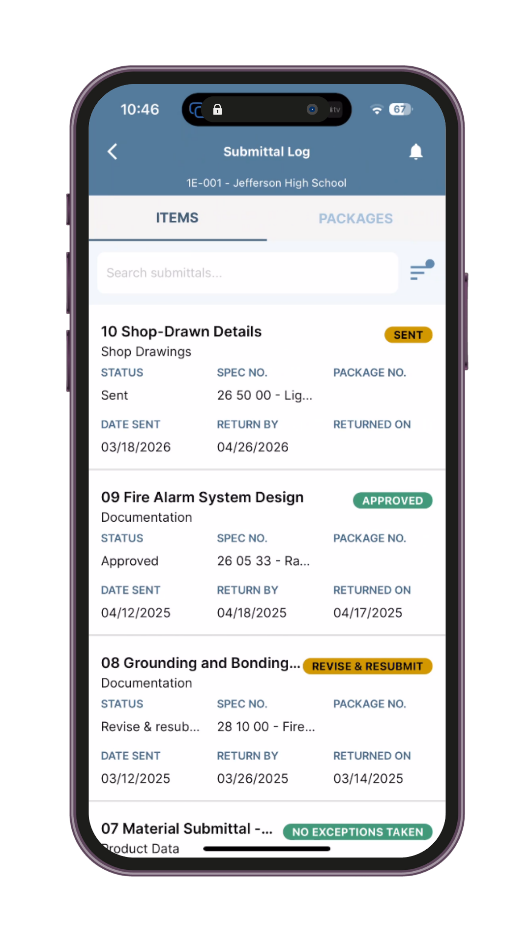 Submittal Log Mobile