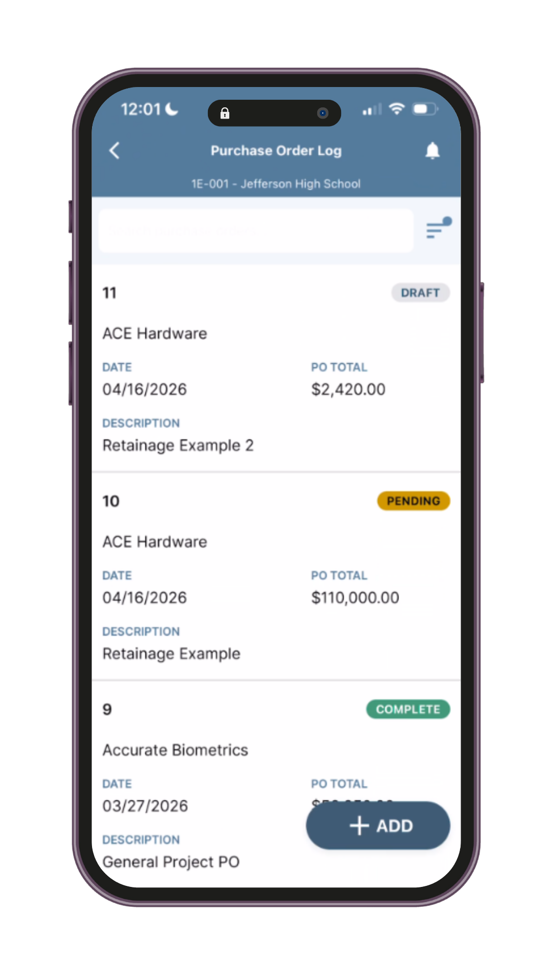 Purchase Order Log Mobile