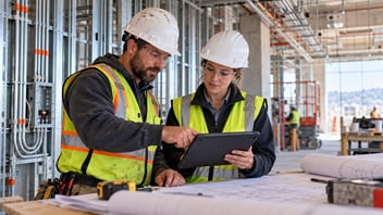 wo construction professionals review a tablet and project drawings at a commercial jobsite.