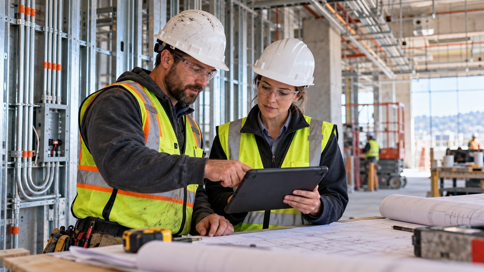 wo construction professionals review a tablet and project drawings at a commercial jobsite.