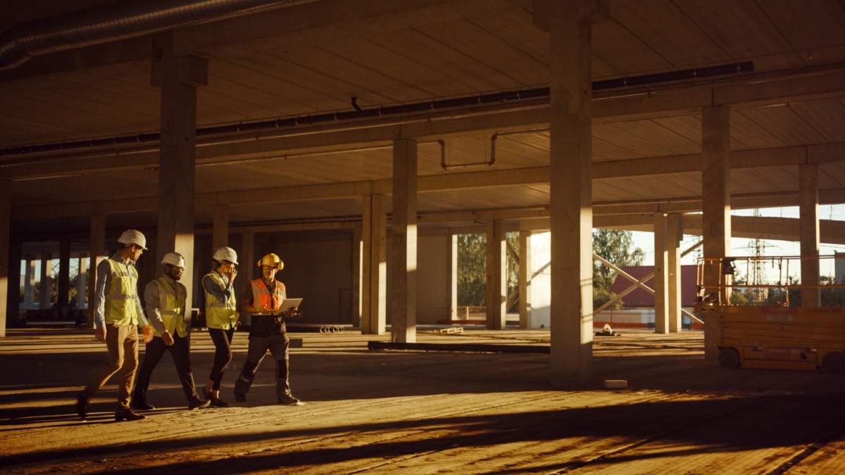 Team of specialists walk through garage level of industrial building construction site; digitization concept