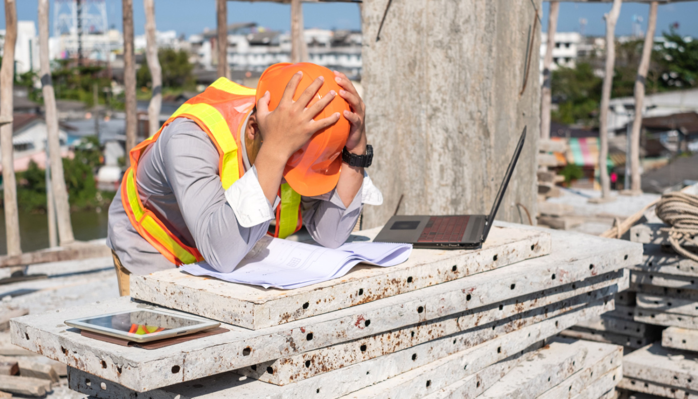 Stressed engineer or architect at building site with his hands on his head.; construction project management software concept