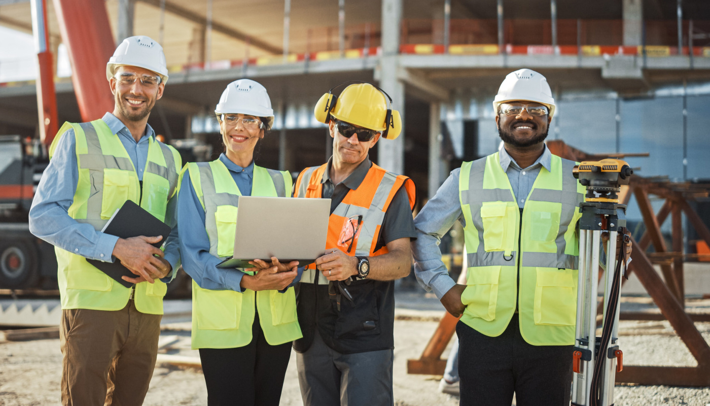 Workers in safety gear and hardhats using laptops and other devices; mitigate project delays concept