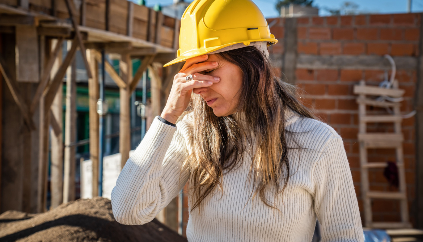 Woman in hard hat, rubbing her eyes, on a building site; RFI processes concept