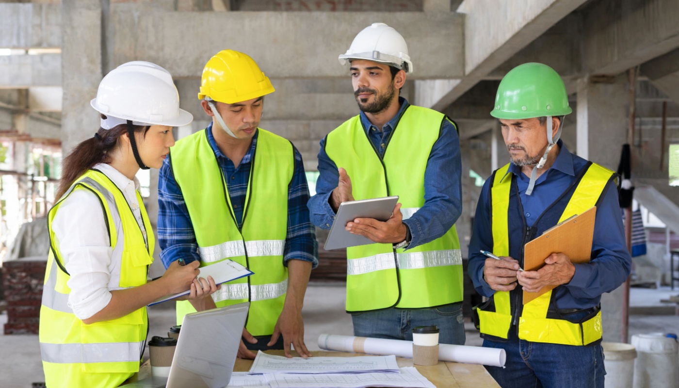 Engineering team holding meeting on construction site; construction software flexibility concept